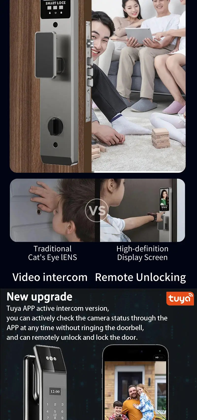 Smart door lock with camera, face recognition and video intercom, silver metal finish, Tuya app control, Simples Market