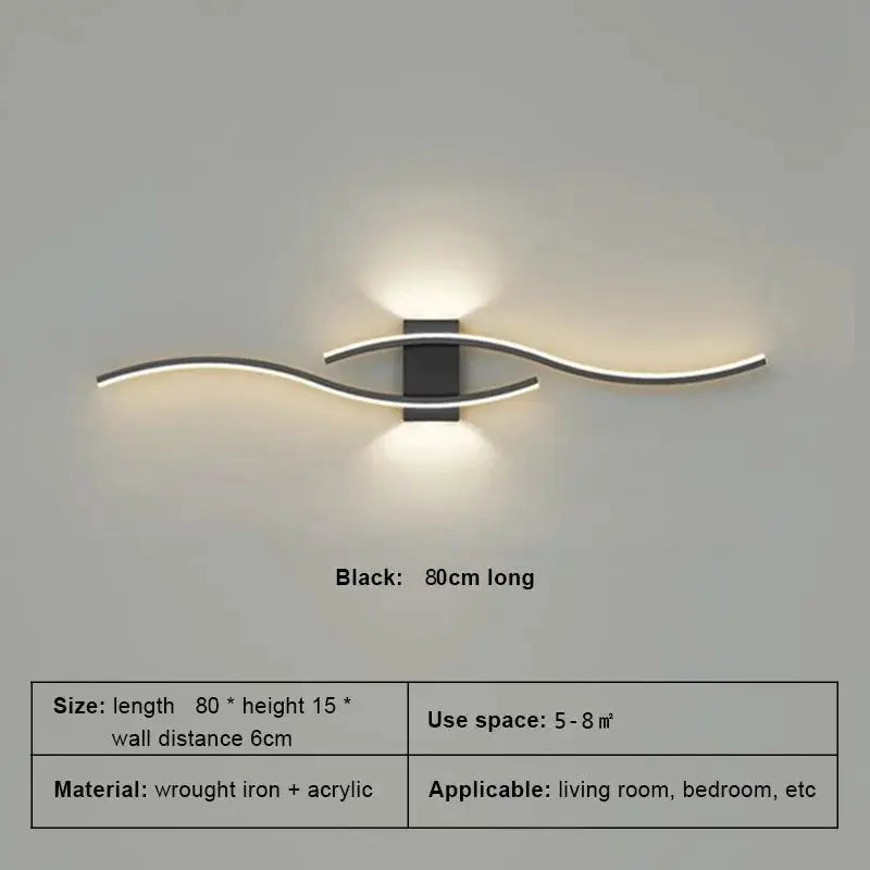 Moder LED Wall Lamp long strip, black wrought-iron base with dual curved white LED light bars