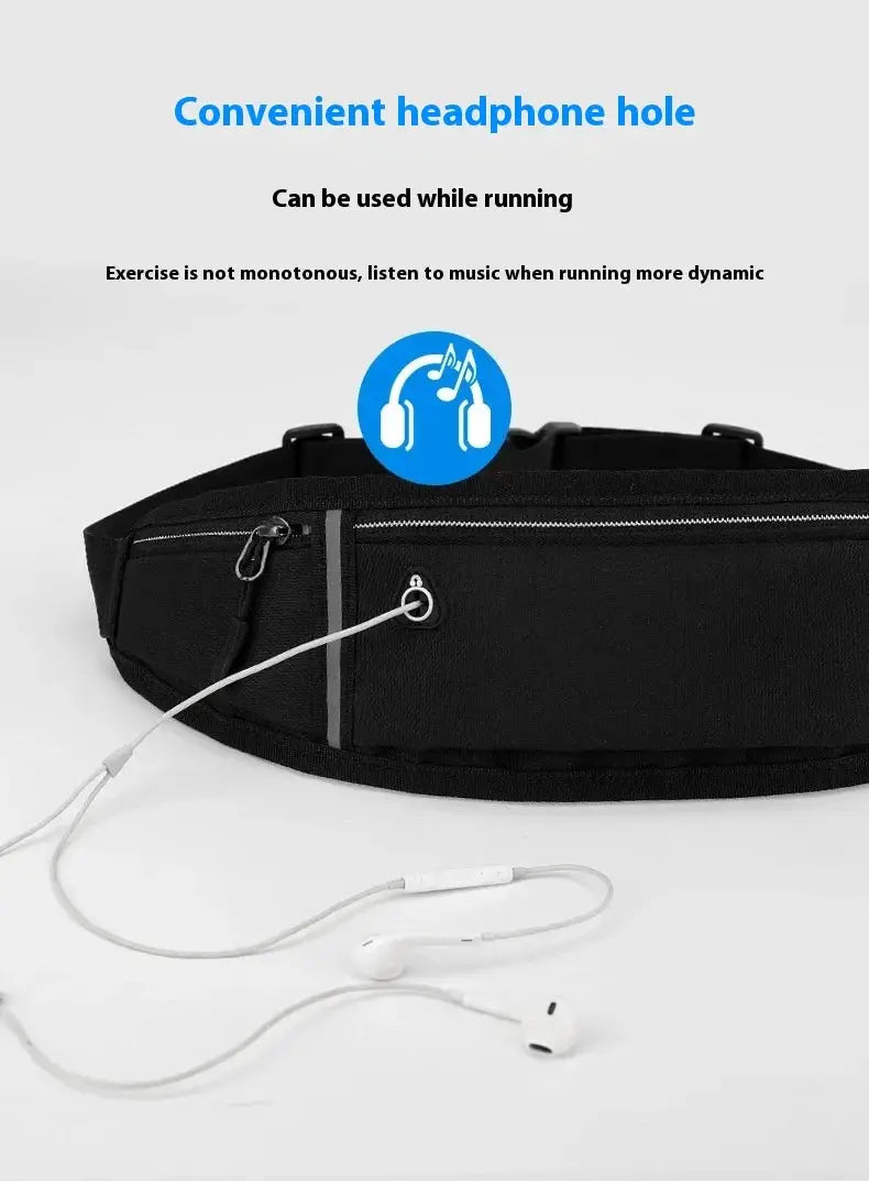Simples Market black waterproof waist pack for running with headphone hole and phone pocket