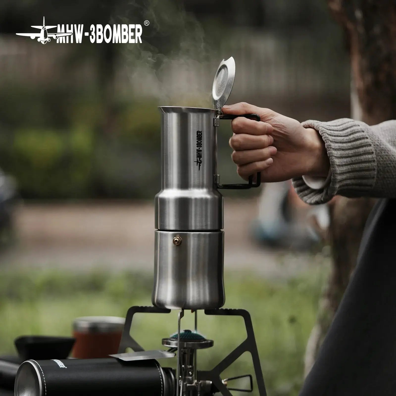 MHW3BOMBER 350ml Stainless Steel Moka Pot Espresso Maker With Foldable Handle For Camping And Travel