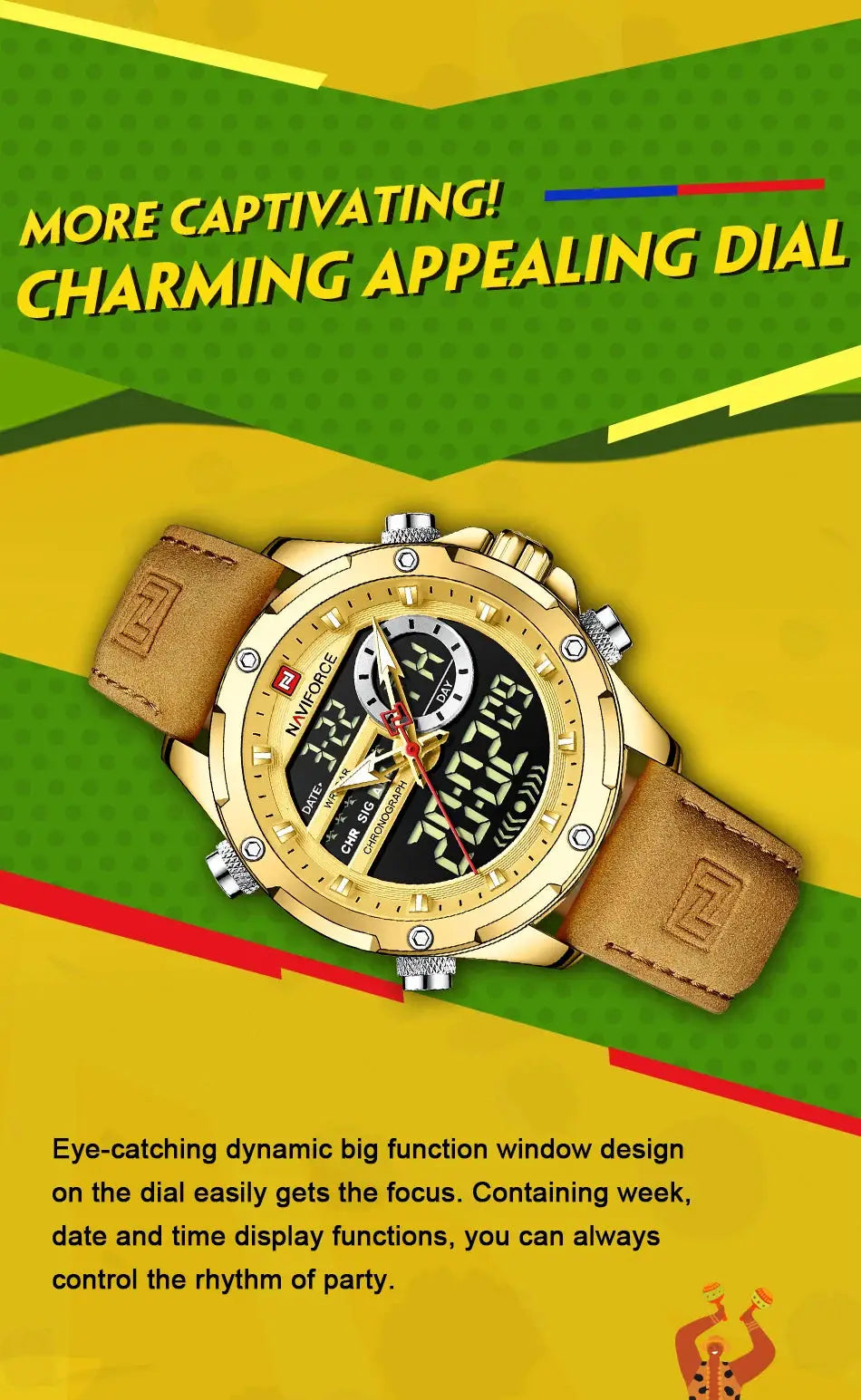 Naviforce men's luxury wristwatch with gold-tone case, tan leather strap, analog-digital chronograph display.