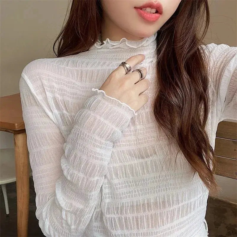 LaceLuxe Women Floral Lace Shirt Mock Neck With Mesh Bottoming Layer For Spring And Autumn Flattering Sheer Look