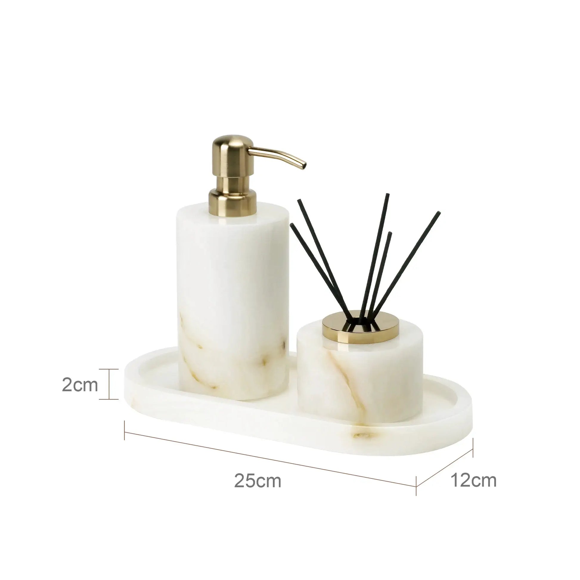 Simples Market white onyx marble bathroom set with gold soap dispenser and reed diffuser on vanity tray