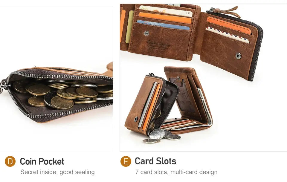Men's trifold wallet in brown Crazy Horse leather with zip coin pocket and 7 card slots