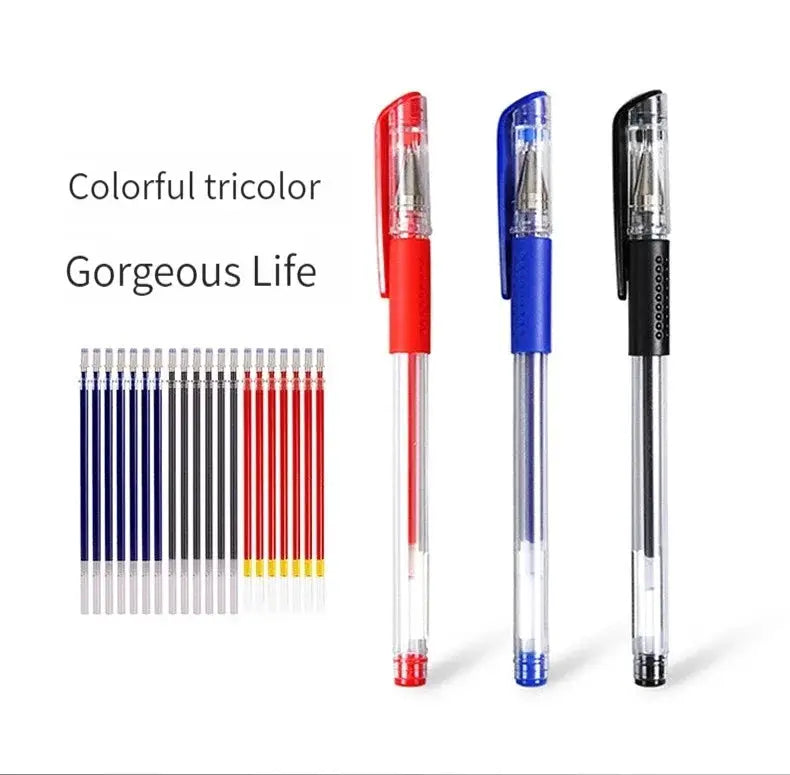 Simples Market gel pen set, 3 color gel pens (red, blue, black) 0.5mm tips, shown with color pencils