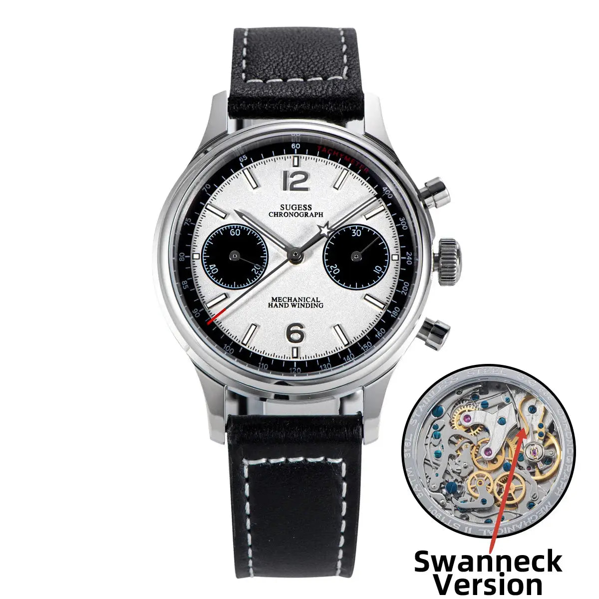 Sugess 1963 Pilot Watch for Men, mechanical chronograph with panda dial, stainless steel case and black leather strap