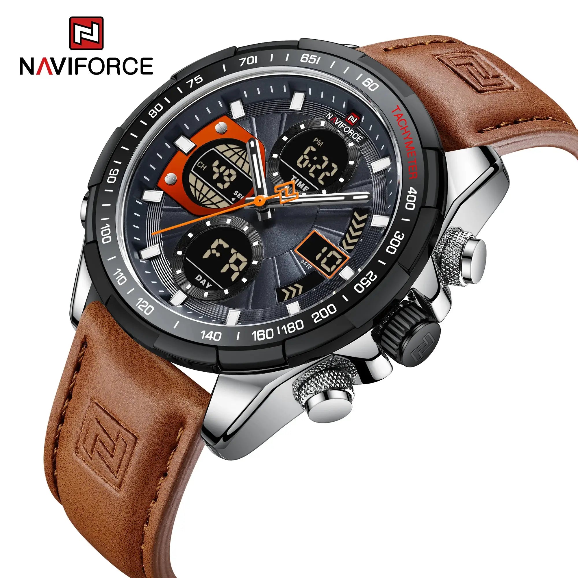 Naviforce men's sport watch with brown leather strap, black dial and dual-display readouts