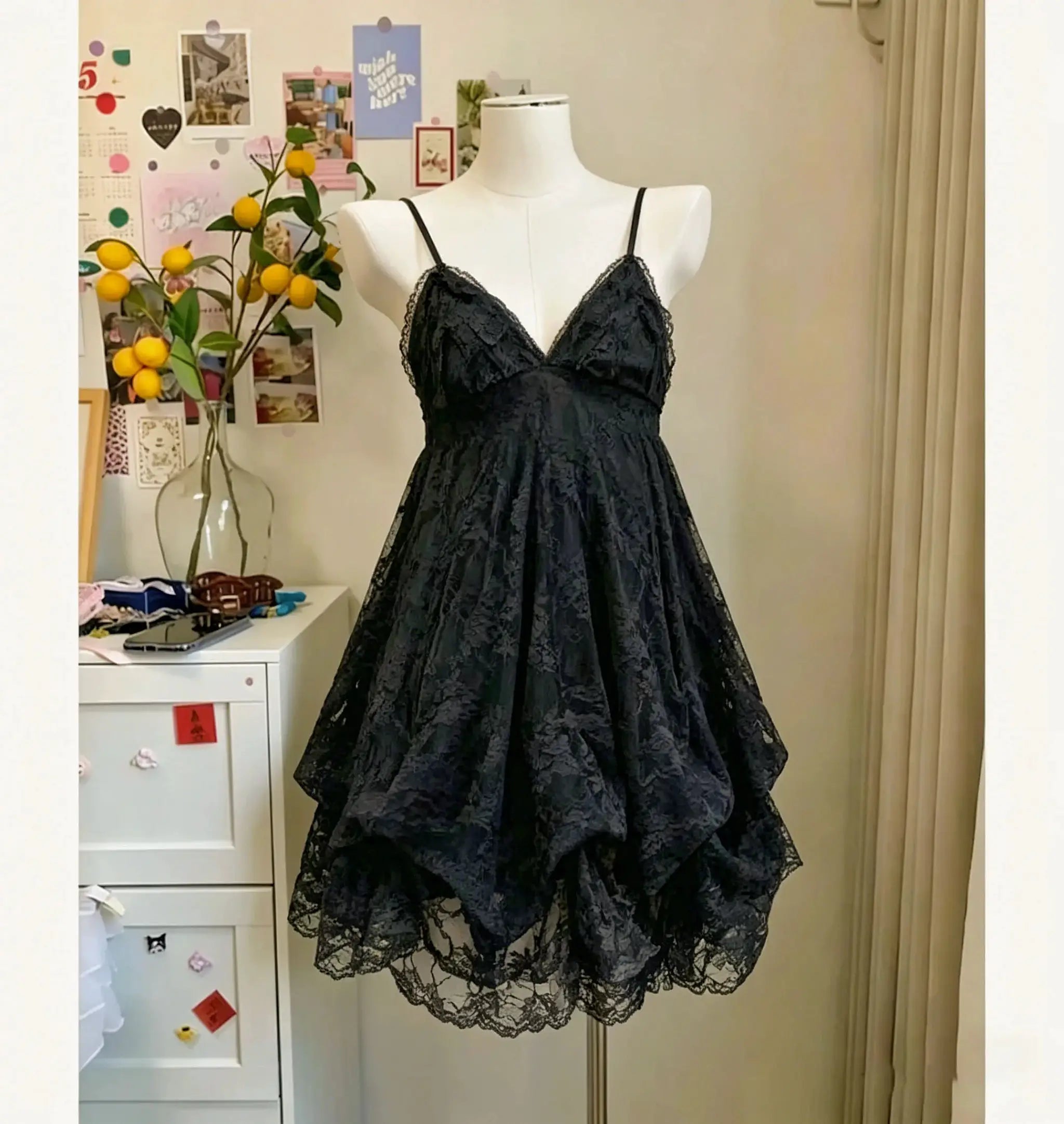 2000s Gothic Vintage Mini Dress Sleeveless Lace Y2K Lolita Party Black