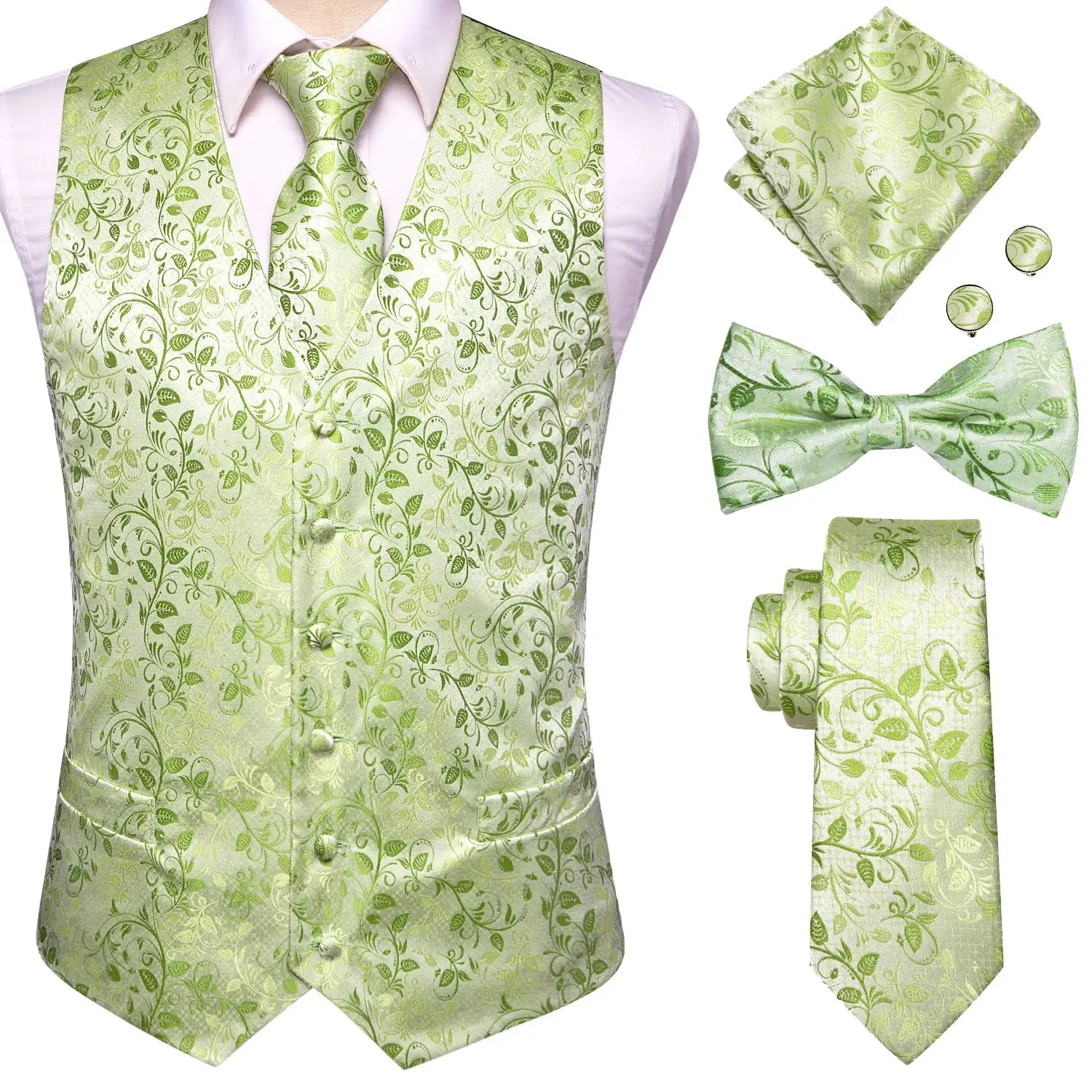 Simples Market green floral 5-piece waistcoat set with tie, bow tie, pocket square and cufflinks