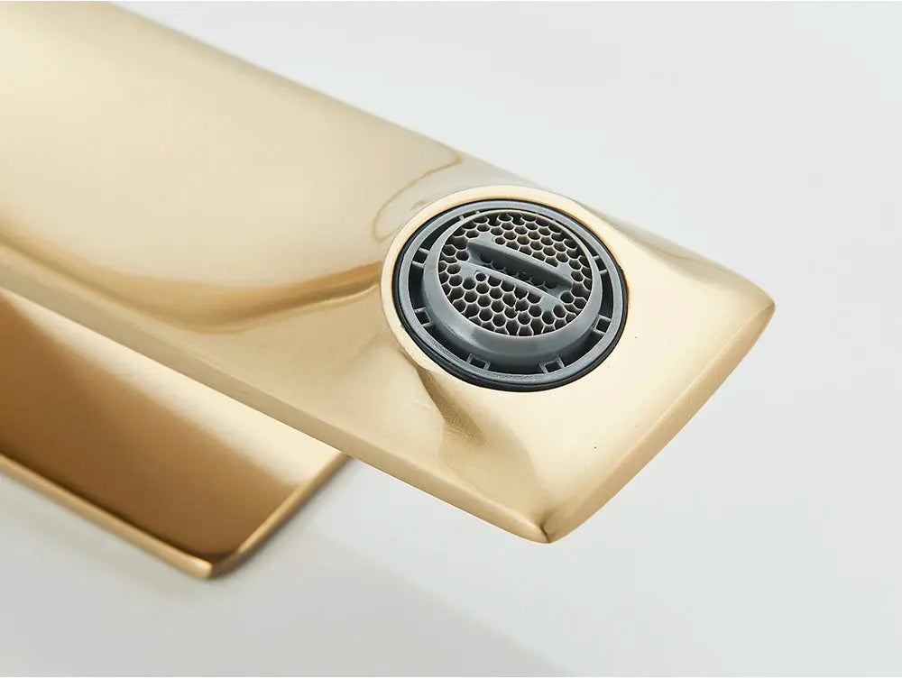 Brushed gold deck-mounted bathroom sink mixer tap with single lever by Simples Market