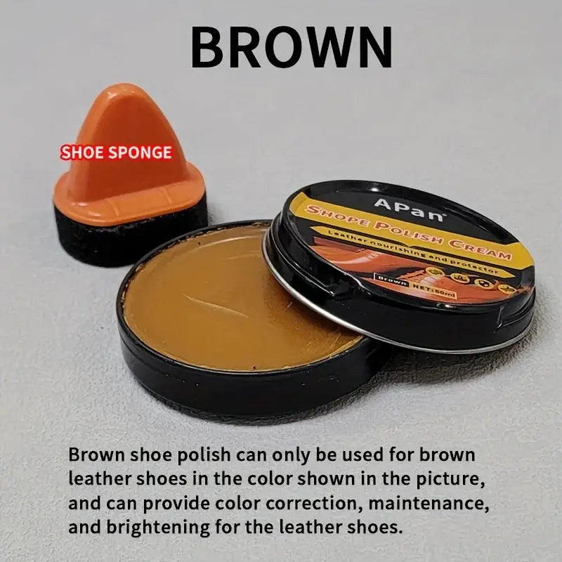Faux leather shoe polishing kit with brown wax and orange sponge, two-piece set