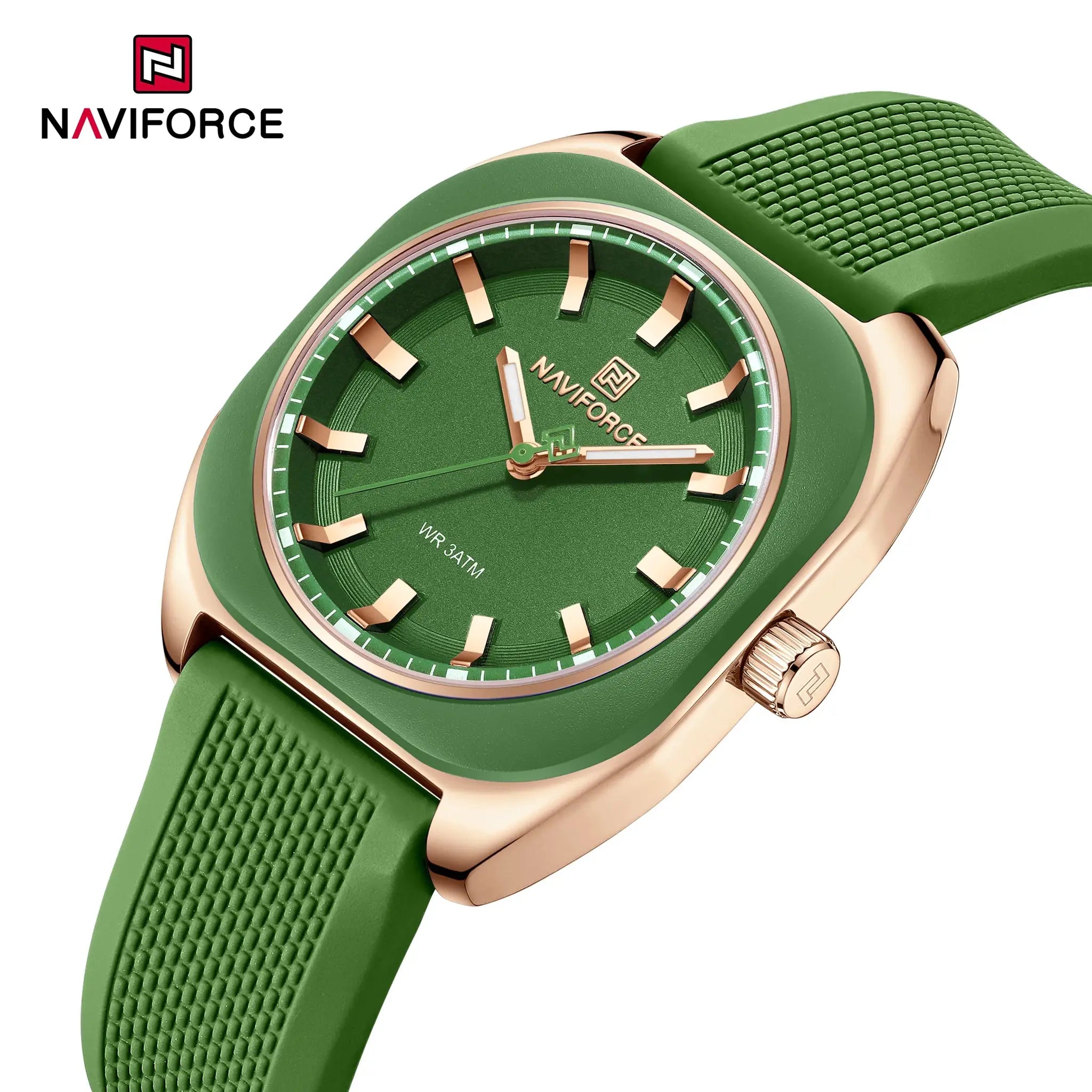 NAVIFORCE women's silicone wristwatch with green strap and rose-gold case by Simples Market