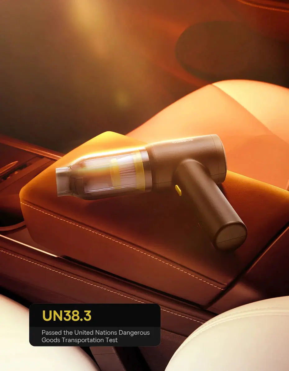 Baseus car vacuum cleaner, wireless handheld with transparent dust chamber on car console