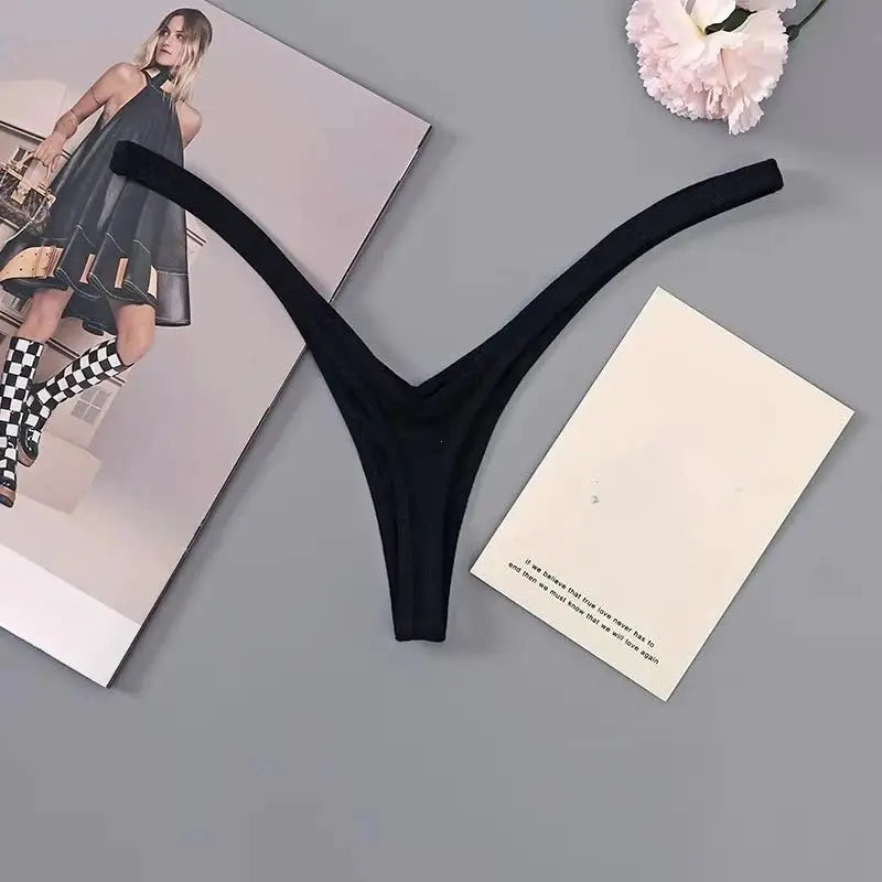 Women black thong underwear with thin straps, deep-V low-rise Brazilian style