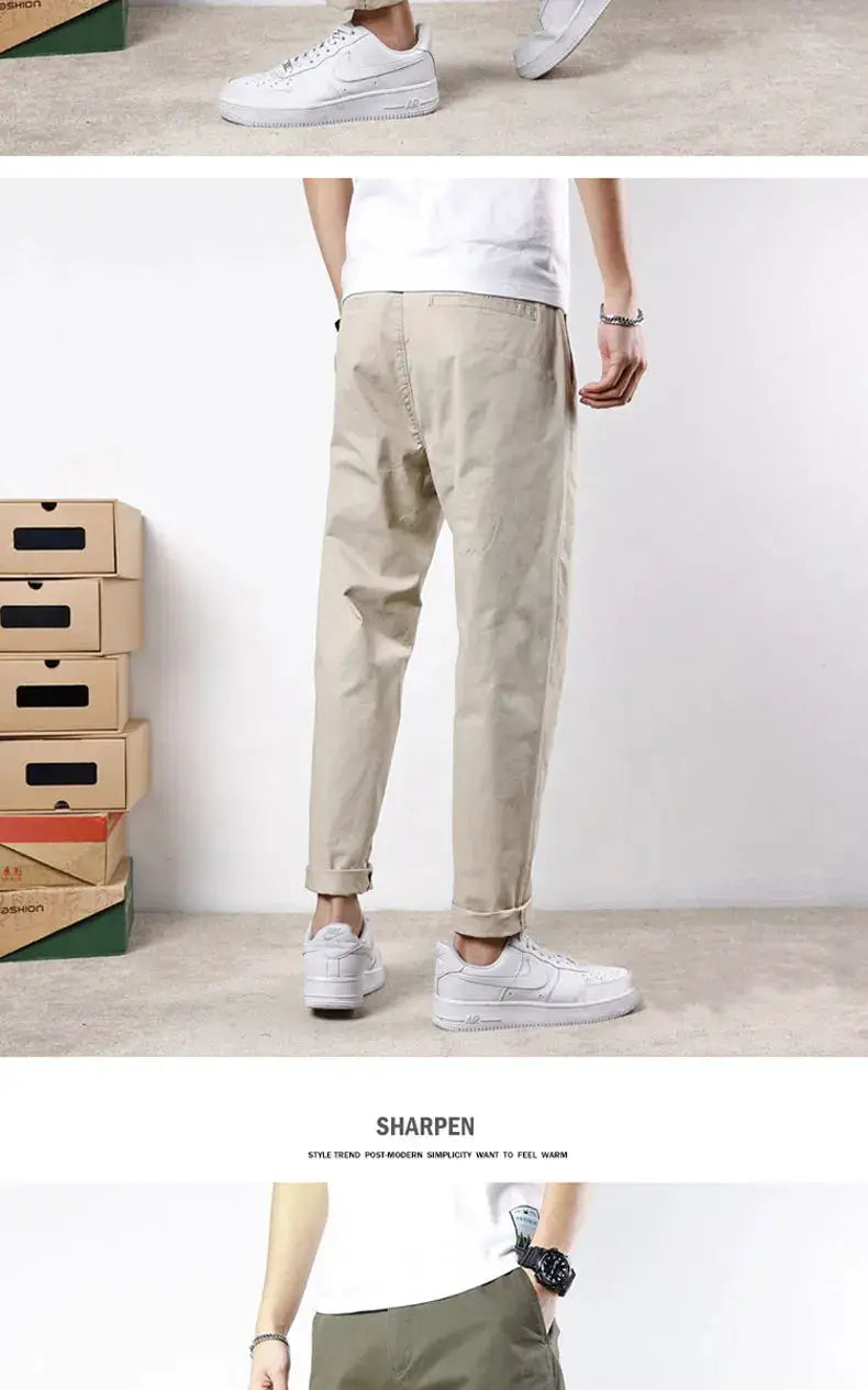 HIQOR men's beige cotton casual pants with elastic waist, loose fit, cuffed hems by Simples Market