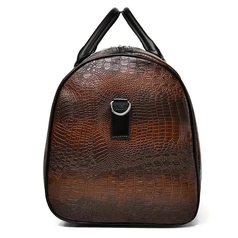 Large-capacity brown crocodile-textured travel duffel bag with black handles and metal ring accent.