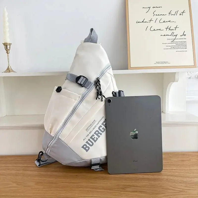 Simples Market New Y2K light nylon crossbody bag; white with gray trim, diagonal zipper, unisex travel pack