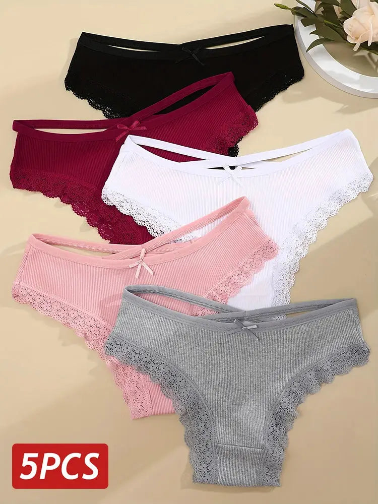 5-pack women's lace-trimmed cotton briefs in assorted colors (black, burgundy, pink, white, gray)