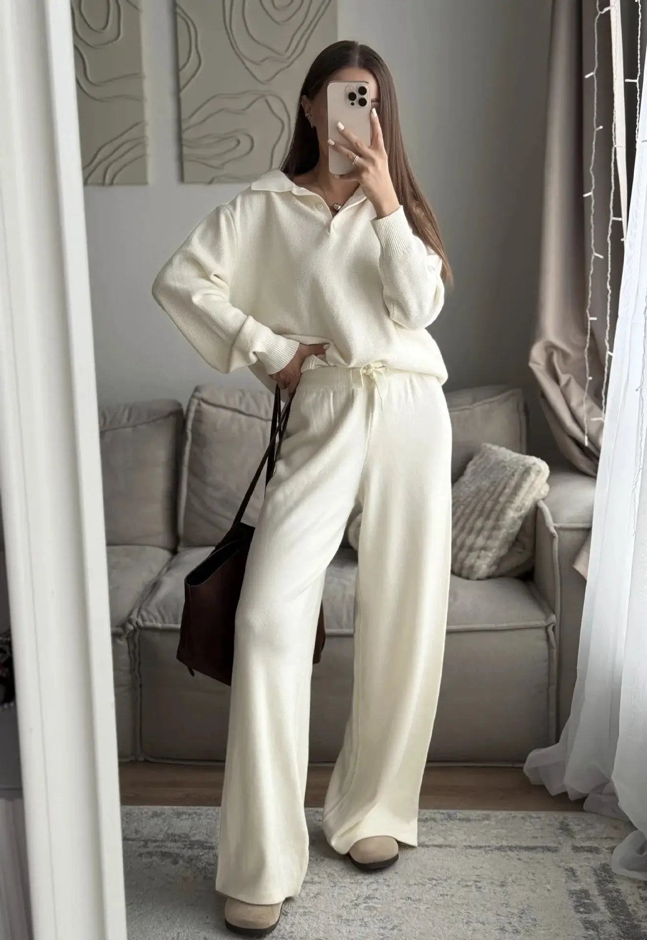 Hirsionsan Winter Women Knitted Set Polo Neck Sweater Wide Leg Pants