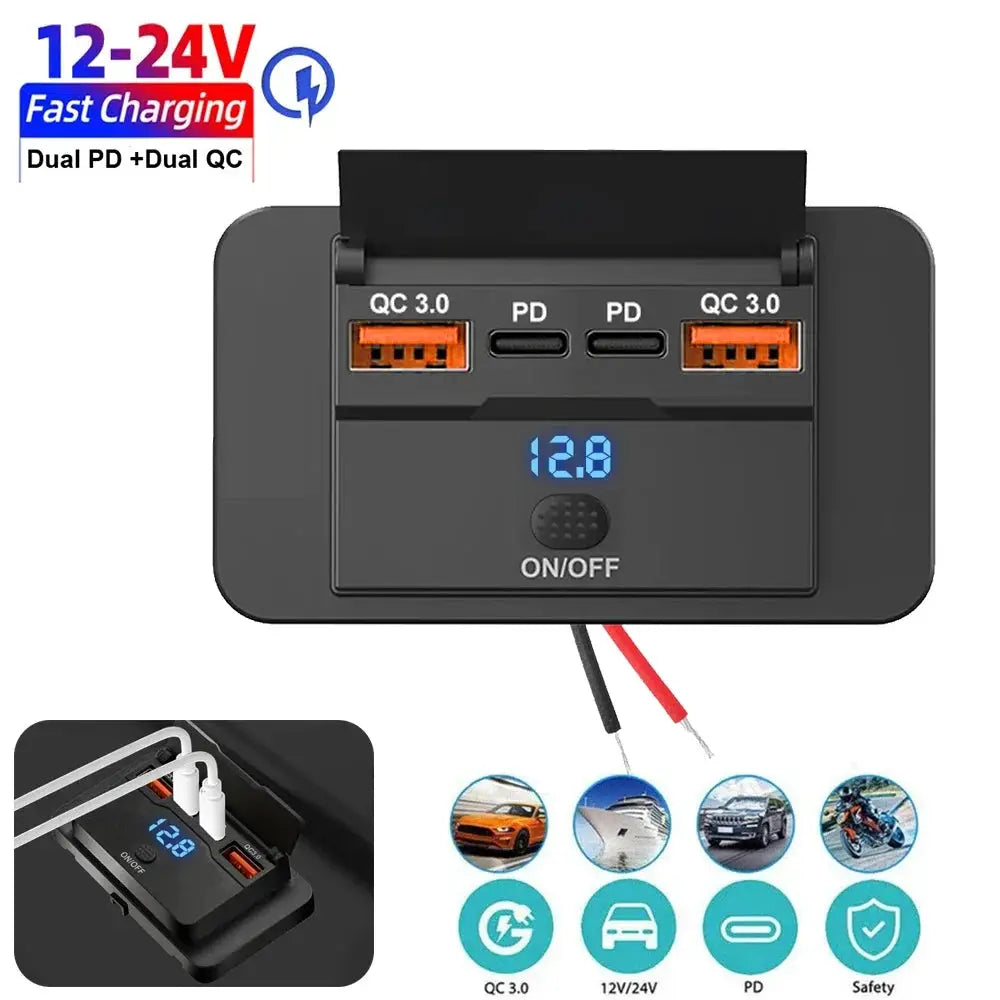 Car Charger Socket Adapter With Switch 2-4 Ports Charging Splitter For Bus RV ATV Truck Boat 12V 24V PD QC3