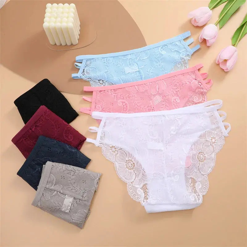 3pc lace panties set by Simples Market; floral low-rise briefs in white, pink and blue