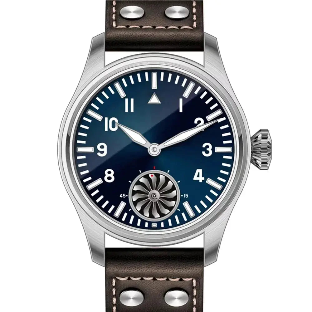 Hruodland Pilot 42mm men's mechanical watch by Simples Market with blue dial and stainless steel case, leather strap.