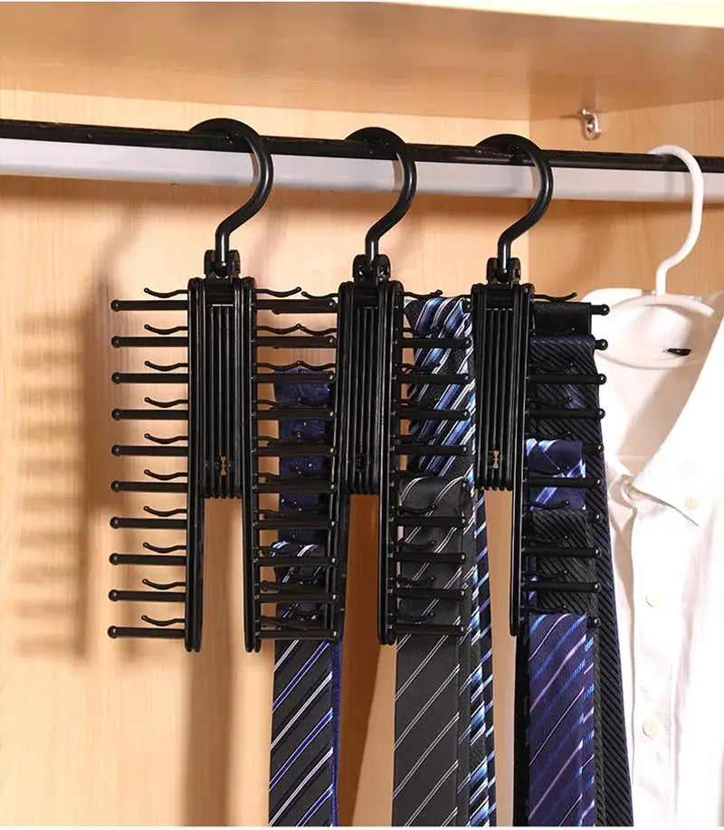 Simples Market adjustable tie storage rack with 3 black 360-degree rotating hangers for ties and scarves