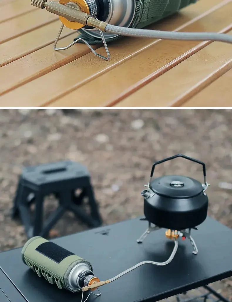 Butane adapter with bracket for camping stove; Simples Market brass output nozzle and metal fittings