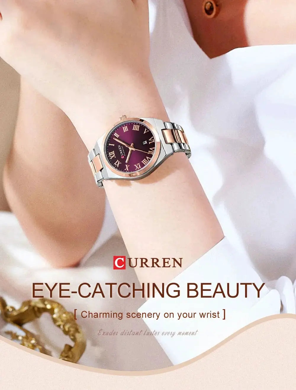 CURREN women's waterproof watch with silver-rose gold stainless steel bracelet, purple dial, date window