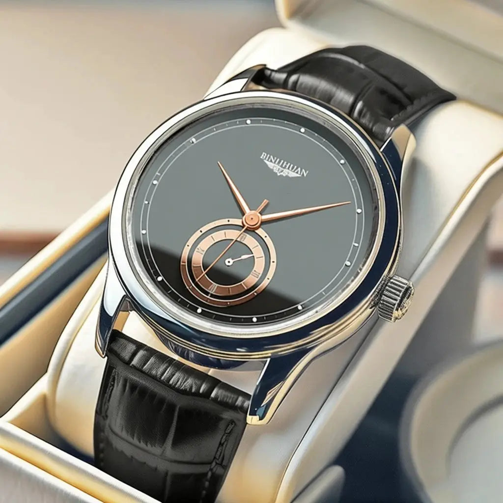 Mens Black Leather Quartz Analog Watch With Numberless Dial For Business Casual Everyday Use