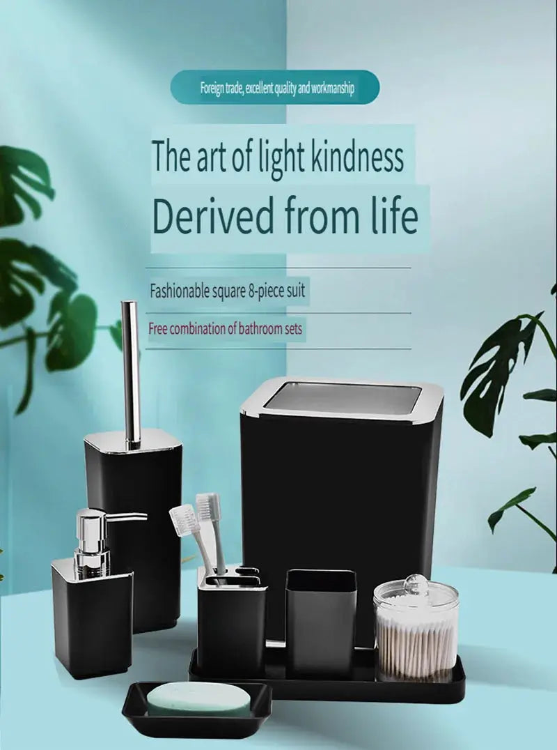 8-piece black bathroom storage set by Simples Market; includes dispenser, toothbrush cup, and trash can.