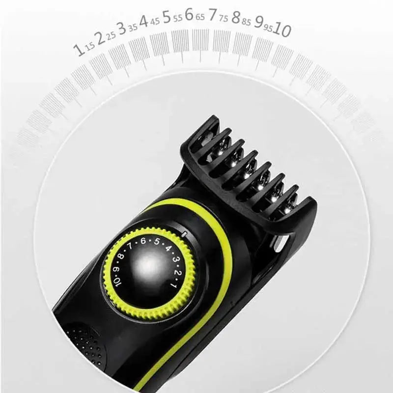 Kemei 696 electric hair clipper by Simples Market; black 5-in-1 trimmer with neon-yellow dial and comb attachments