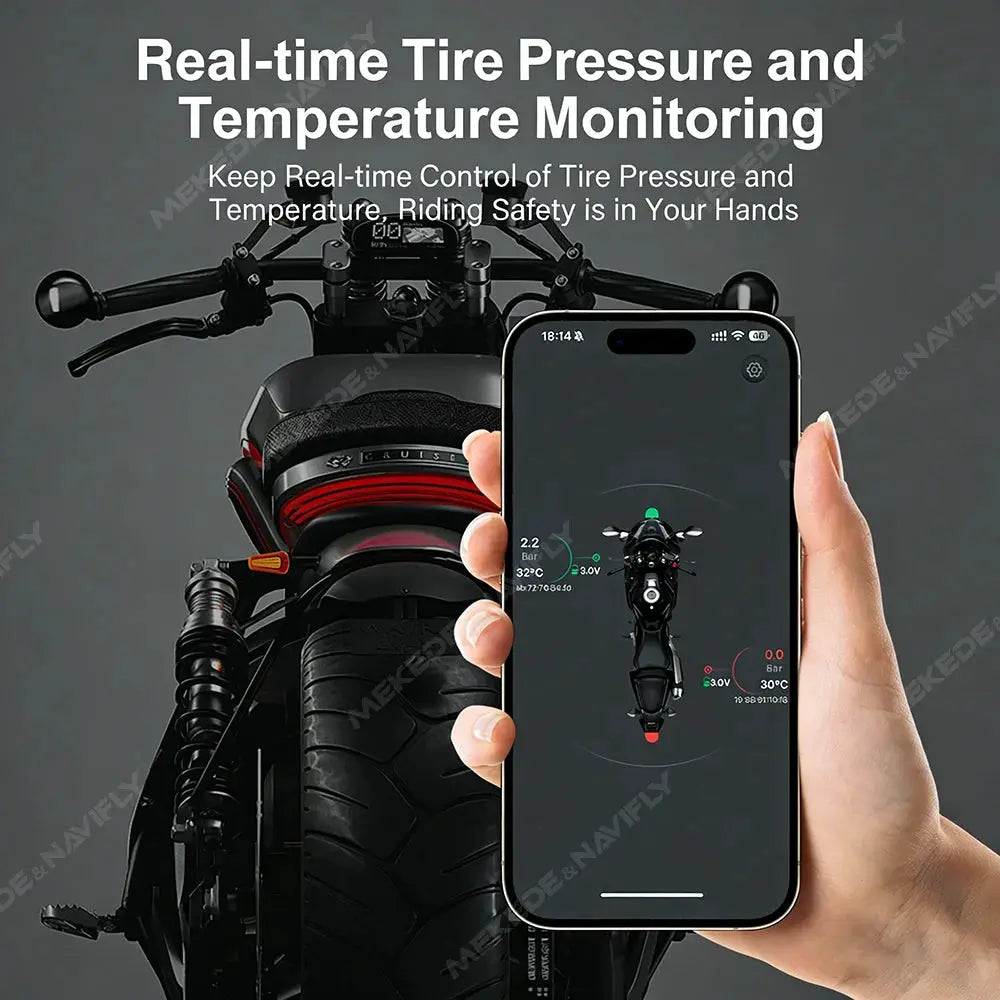 Simples Market Navifly TPMS real-time tire pressure monitoring for iOS/Android, displayed via smartphone on a motorcycle