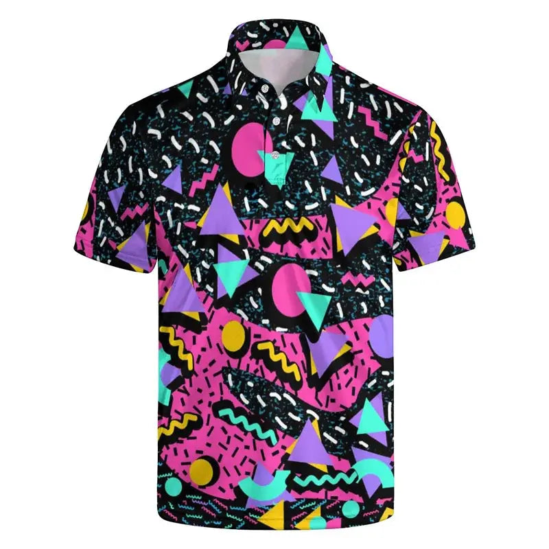 Polo shirt with retro 80s/90s geometric print, short sleeves and button placket.