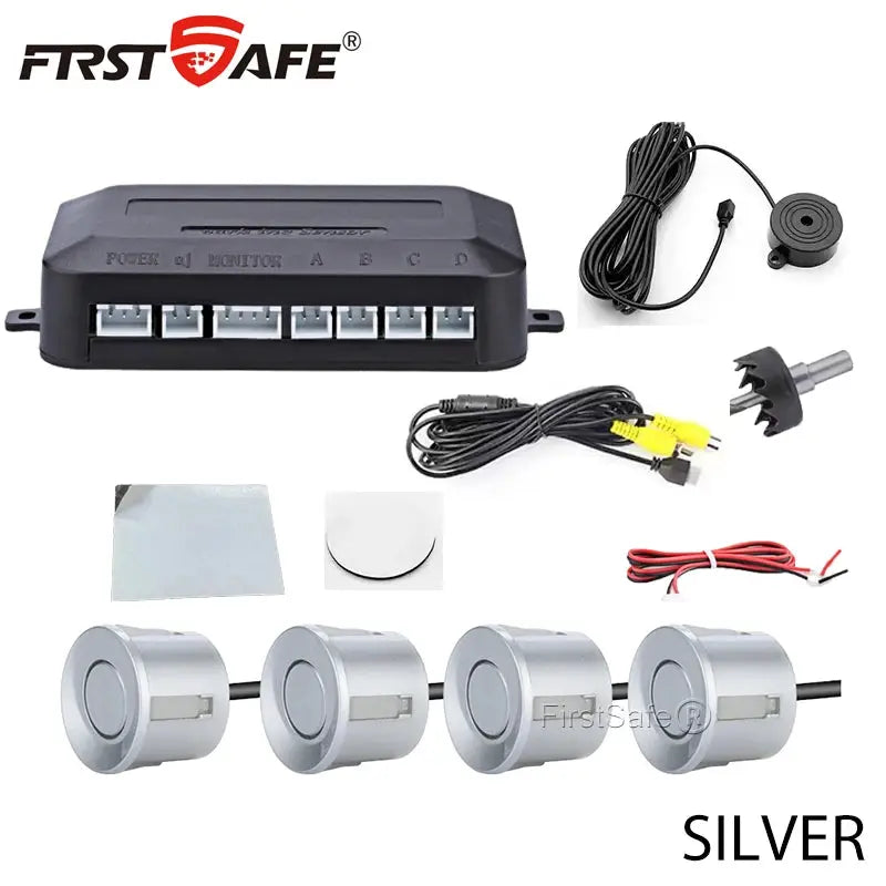 FirstSafe four-sensor car reverse radar monitor with black control box and silver parking sensors by Simples Market