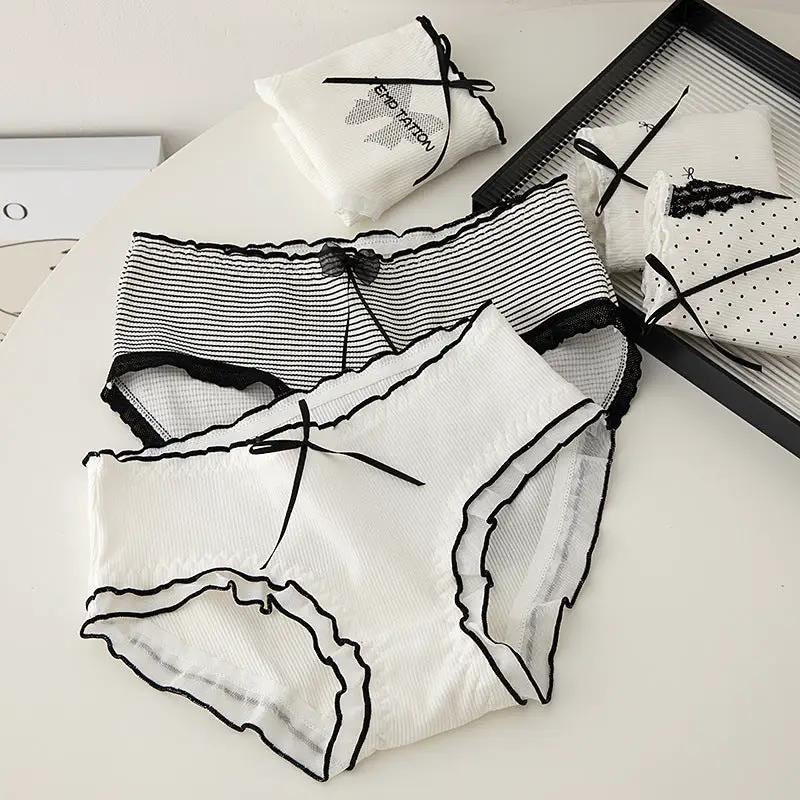 M-XL women's underwear panty set with lace trim, white and black striped styles, 3-pack seamless briefs