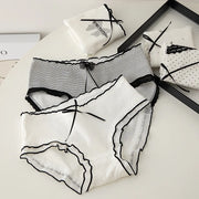 Women's panties set of 3: white and striped lace-trim briefs with black bow accents