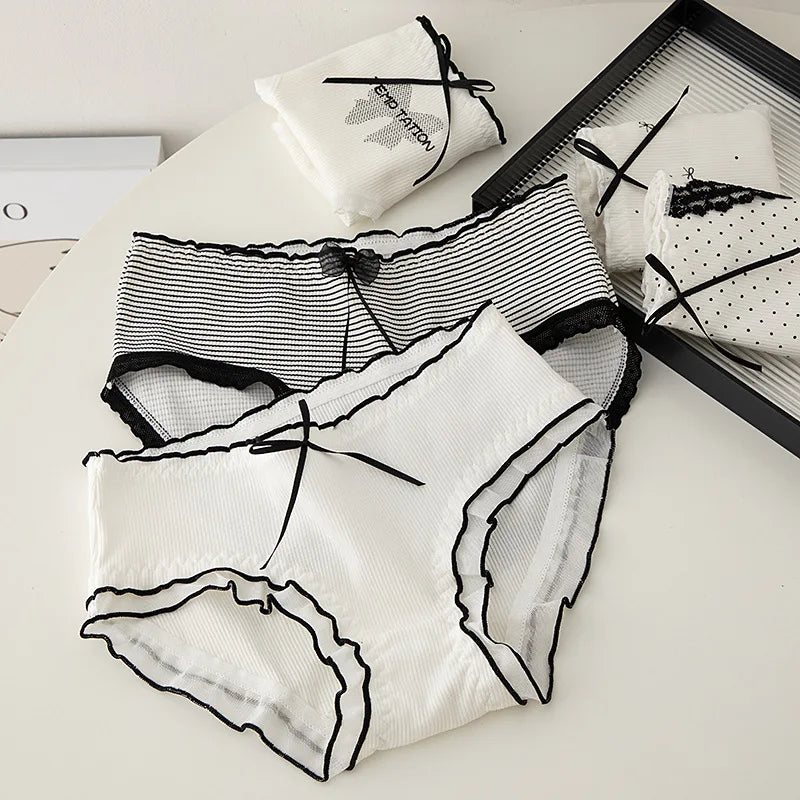 Women's panties set of 3: white and striped lace-trim briefs with black bow accents