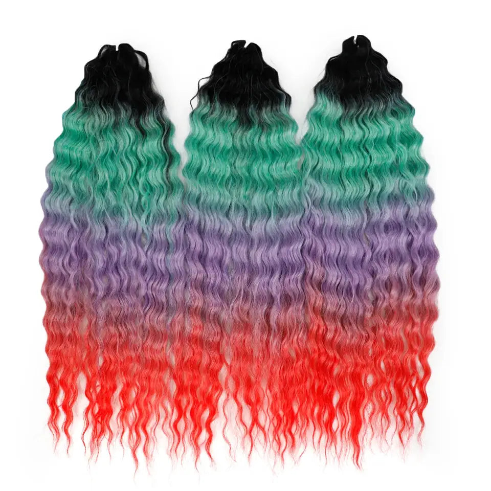 Ariel synthetic twist crochet hair 22in water-wave extensions, 3 bundles, 300g, ombre rainbow from black to red