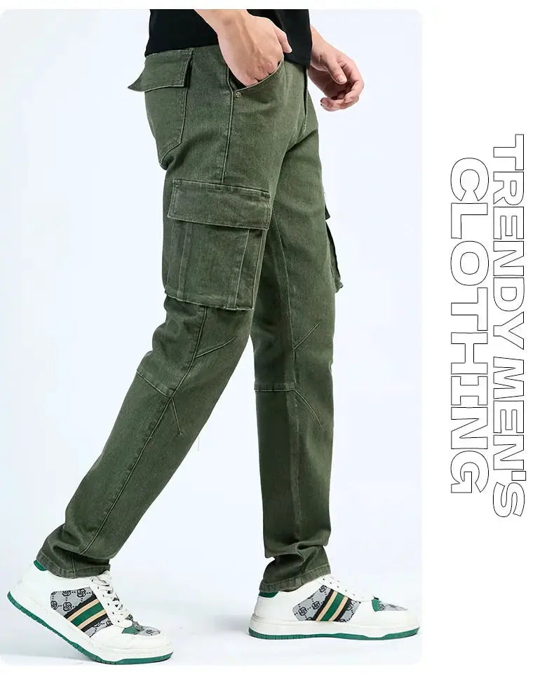 Men's olive-green denim cargo pants with elastic waist, multiple cargo pockets, slim fit for daily wear