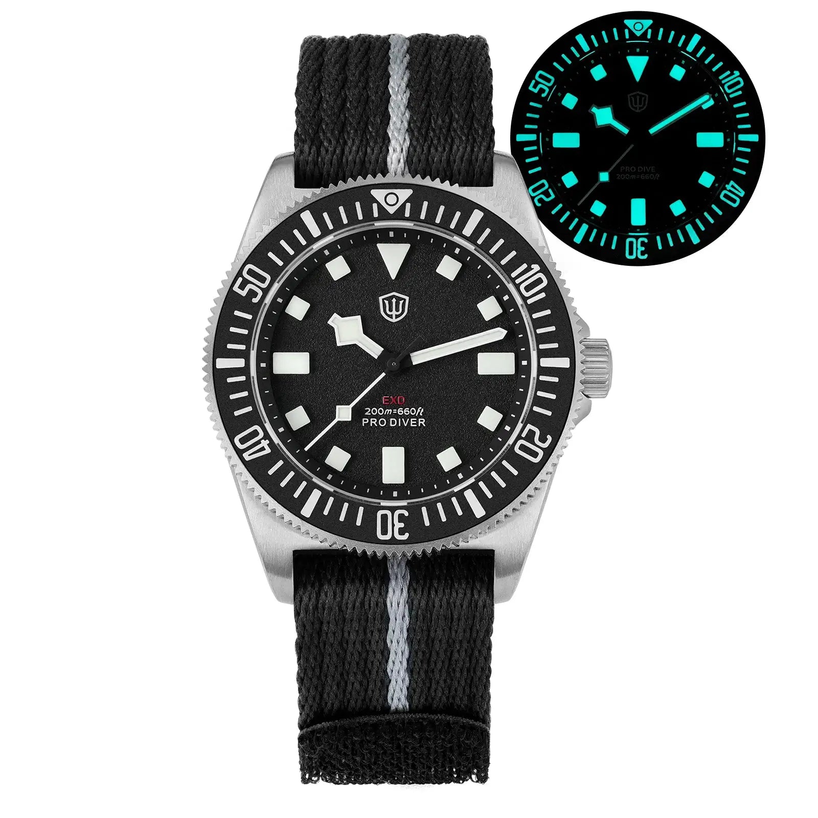 Watchdives EXD 40mm titanium dive watch on black fabric strap with gray center stripe and luminescent markers