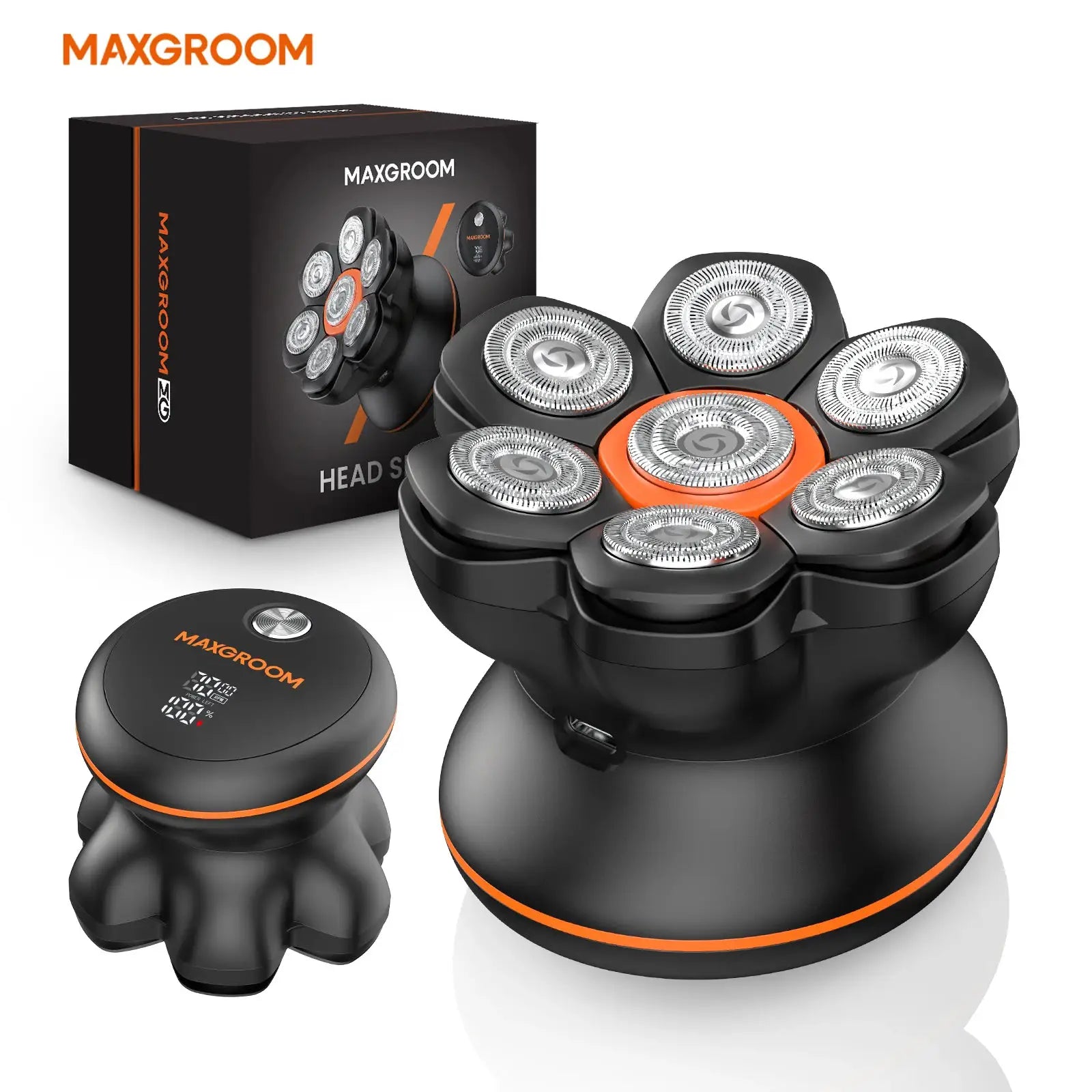 MAXGROOM 7D head shaver with 7 rotary blades, black with orange trim