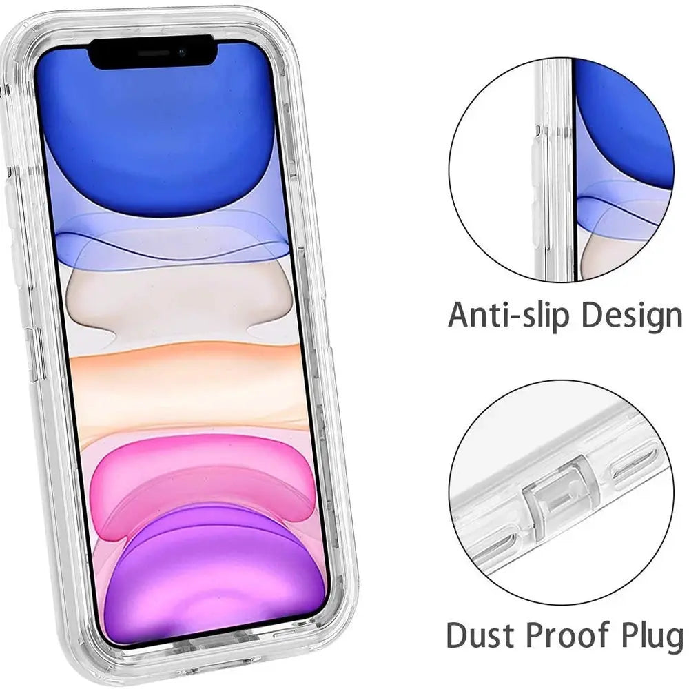 Military-grade clear 3in1 shockproof iPhone case by Simples Market with anti-slip design and dust plug.