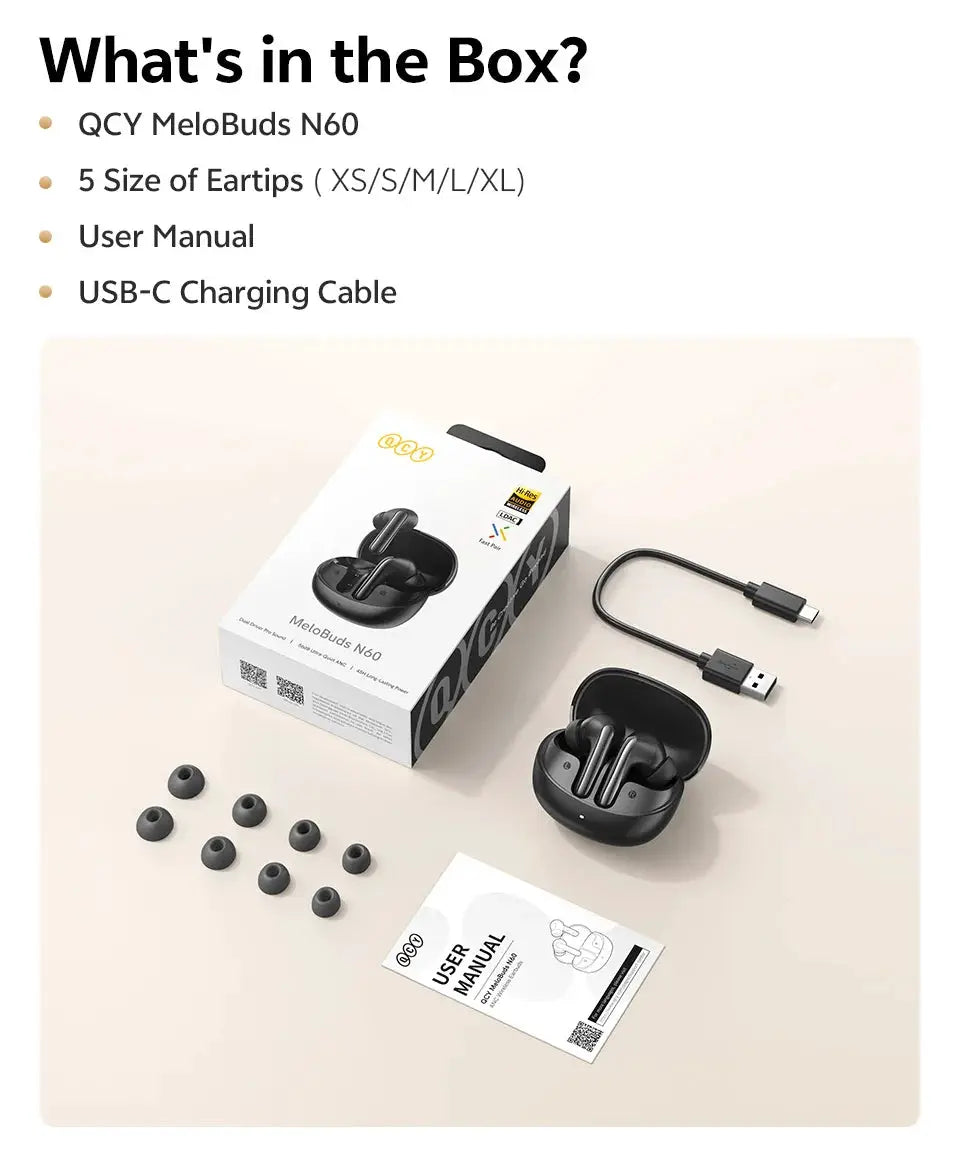 QCY MeloBuds N60 wireless earphones with charging case, USB-C cable, and multiple ear tips in black