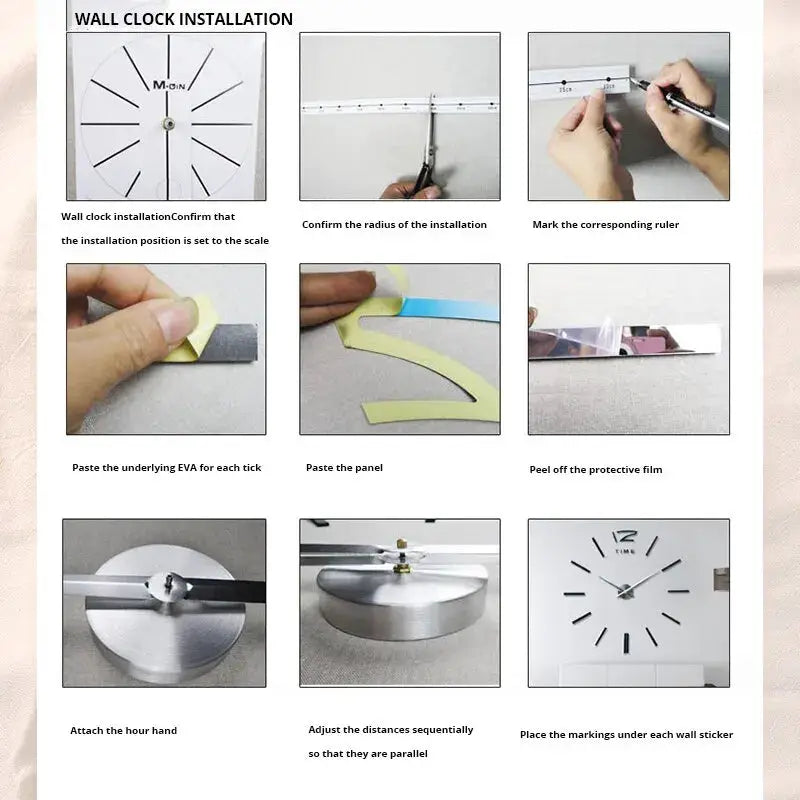 Simples Market 3D acrylic mirrored wall clock installation guide collage, large round DIY self-adhesive clock