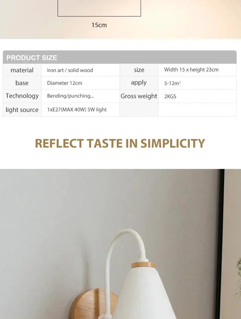 Nordic wall sconce light fixture by Simples Market with white conical shade and wooden backplate