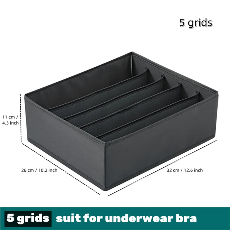 Socks underwear organizer storage box with 5 compartments in dark gray fabric, 32×26×11 cm