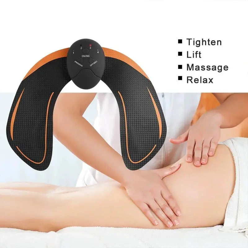 Simples Market wireless hip trainer massager, black with orange trim, for buttocks lifting and relaxation.