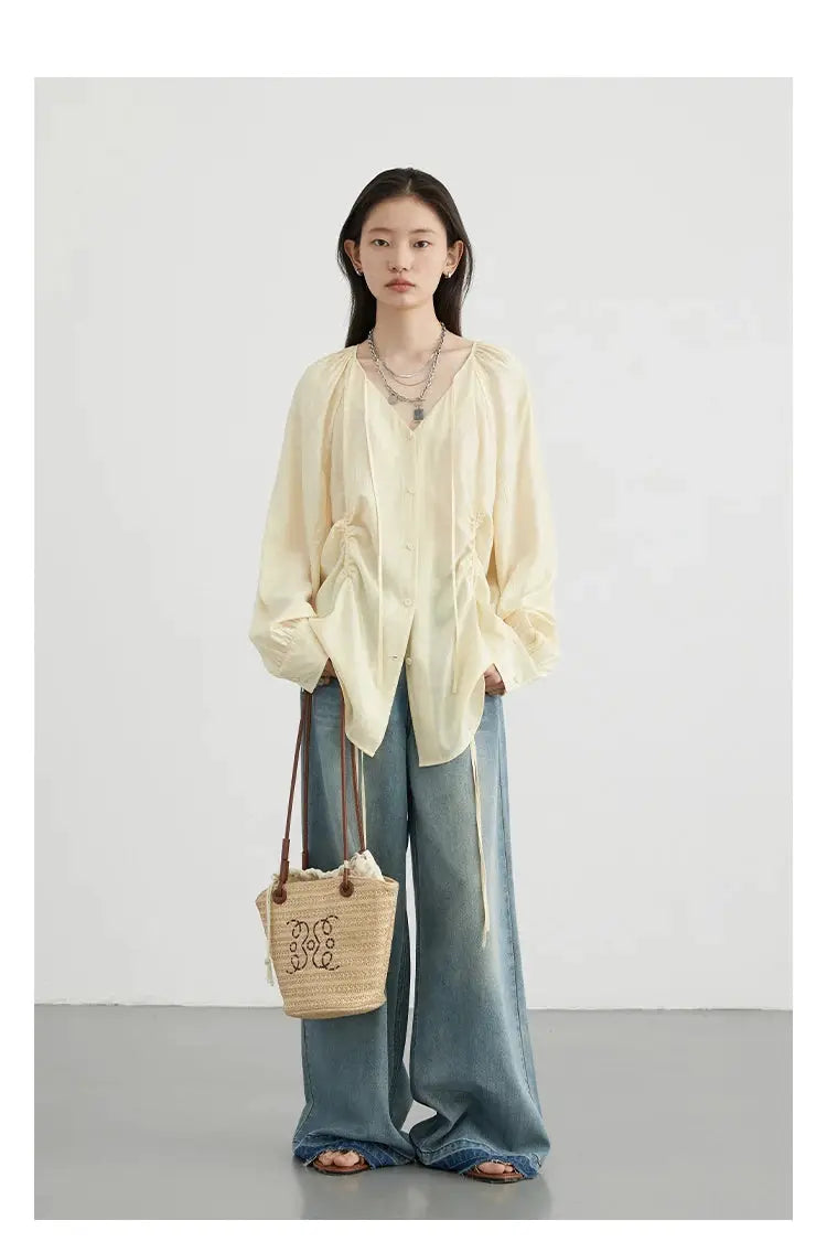 CHIC VEN women's loose lace-up cream shirt by Simples Market with V-neck and long raglan sleeves
