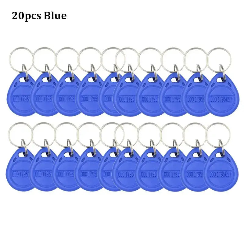 20 blue EM4100 RFID keyfobs with metal key rings for 125kHz proximity